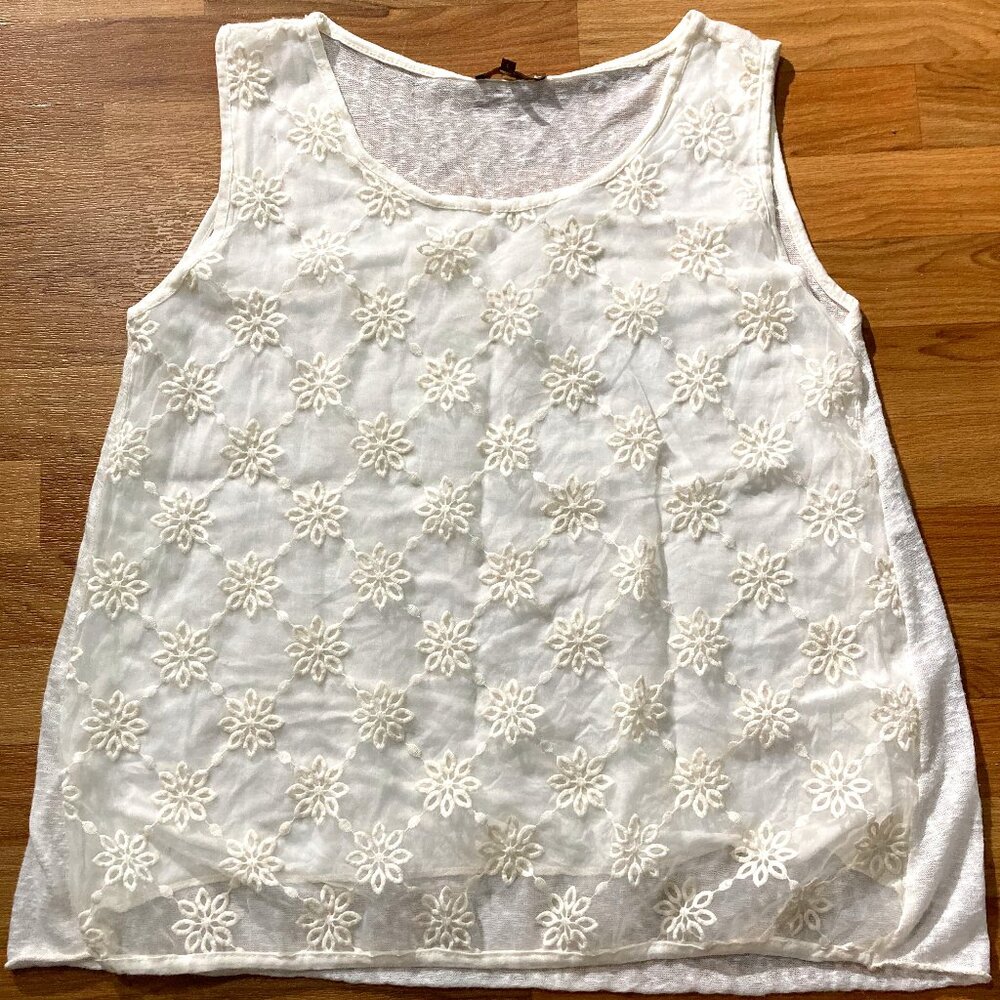 Piazza Roma Womens Blouse Top Embroidered Linen Blend Sleeveless Ivory Lined L